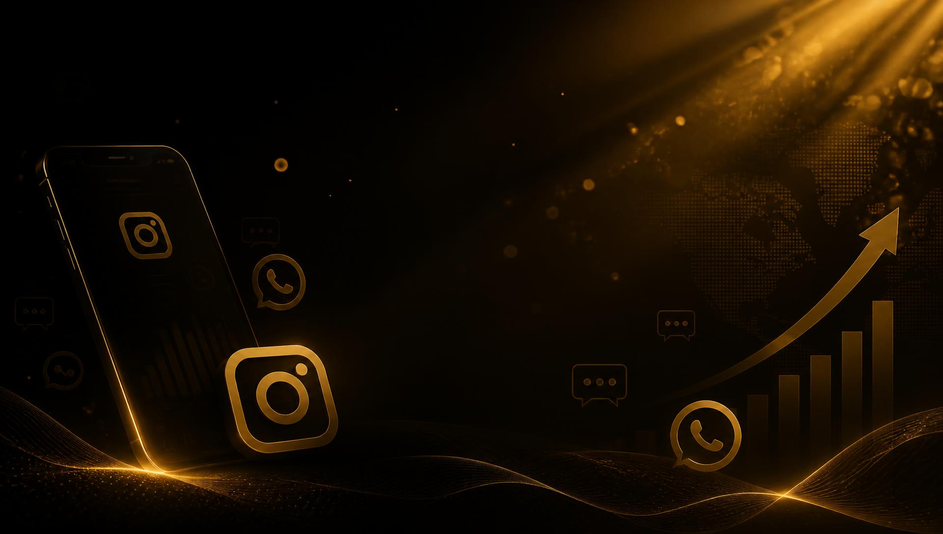 Fundo cinematográfico dourado e preto com ícones de Instagram, WhatsApp e gráfico de crescimento